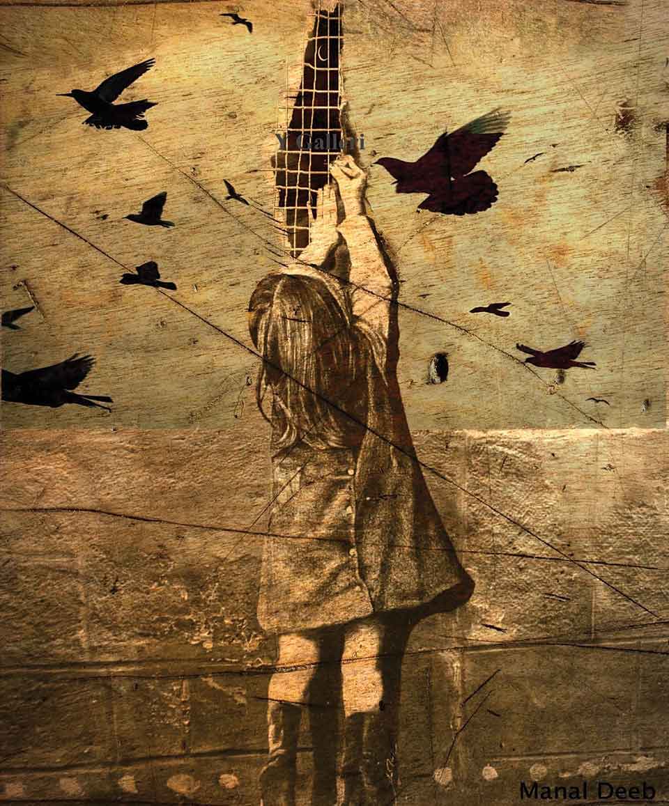 A surreal sepia-toned illustration of a small girl reaching up to try and repair a crack in the world. Black birds in flight dot the foreground and background